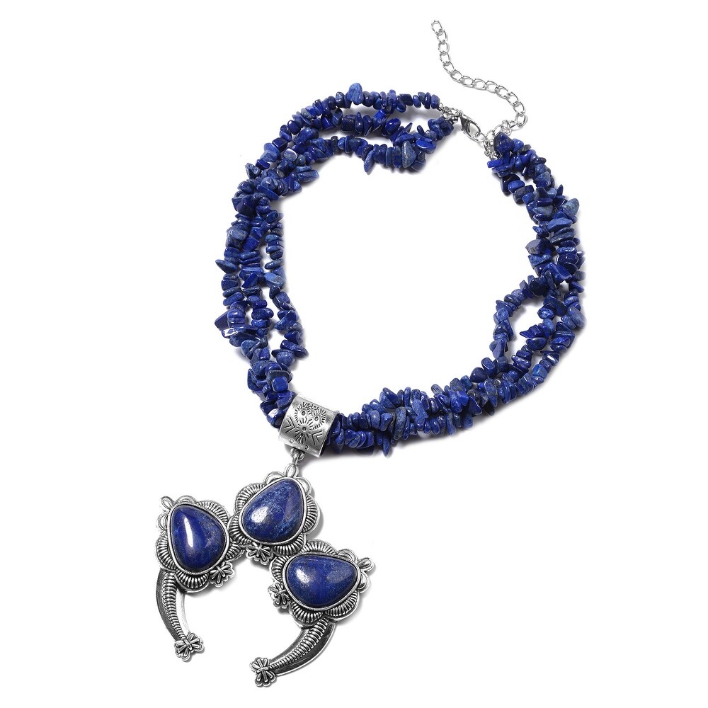 Lapis Lazuli Hematite Enameled Floral Chain Pendant Necklace 18" Ctw 60